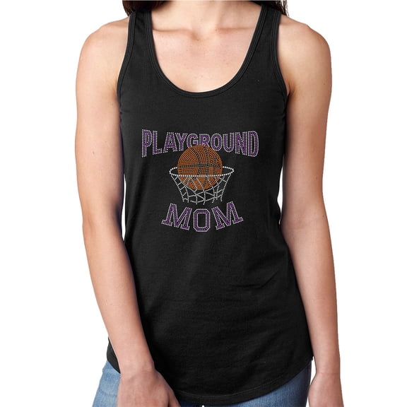 Womens T-Shirt Rhinestone Bling Black Tee Playground Mom Basketball Tank Racer Back Medium