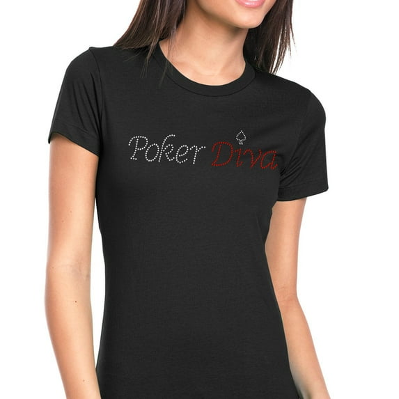 Womens T-Shirt Rhinestone Bling Black Tee Poker Diva Red White Crew Neck X-Large