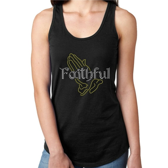 Womens T-Shirt Rhinestone Bling Black Tee Praying Hands Faithful Tank Racer Back X-Large