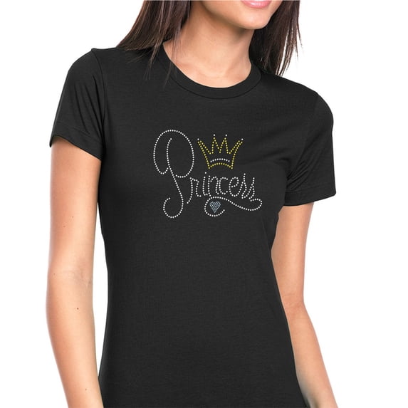 Womens T-Shirt Rhinestone Bling Black Tee Princess Crown Heart Crew Neck X-Large