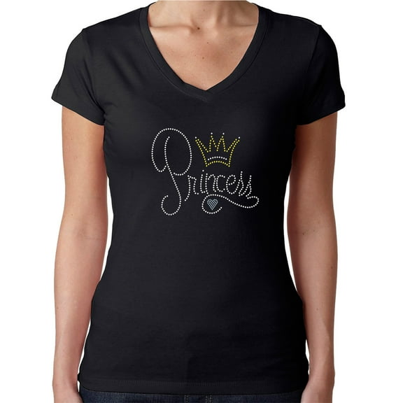 Womens T-Shirt Rhinestone Bling Black Tee Princess Crown Heart V-Neck Medium