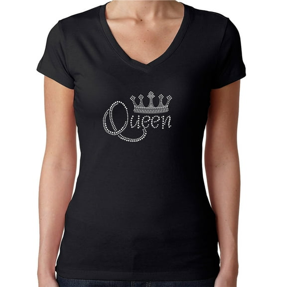 Womens T-Shirt Rhinestone Bling Black Tee Queen Crown Sparkle White V-Neck Small