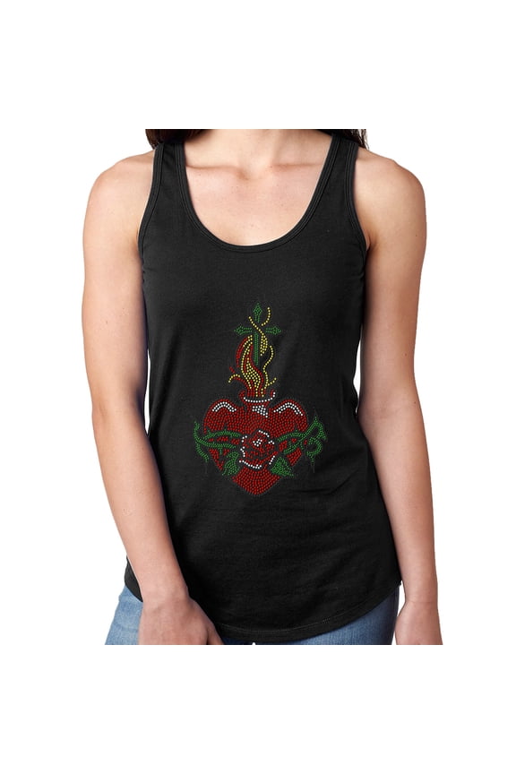 Womens T-Shirt Rhinestone Bling Black Tee Red Heart Flames Cross Love Tank Racer Back Small