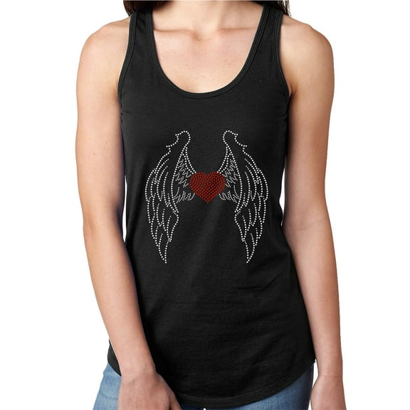 Womens T-Shirt Rhinestone Bling Black Tee Red Heart Wings Angel Tank Racer Back X-Large