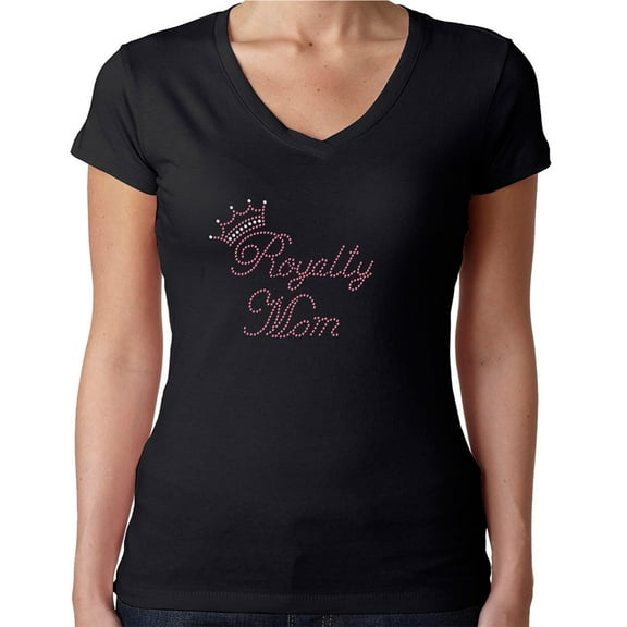 Womens T-Shirt Rhinestone Bling Black Tee Royalty Mom Crown Pink V-Neck Large