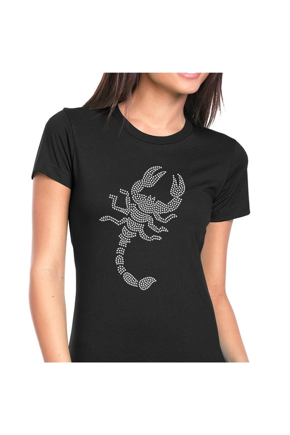 Womens T-Shirt Rhinestone Bling Black Tee Scorpion White Sparkle Crew Neck XX-Large