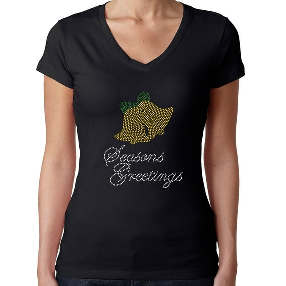 Womens T-Shirt Rhinestone Bling Black Tee Season Greetings Bell Christmas V-Neck Medium