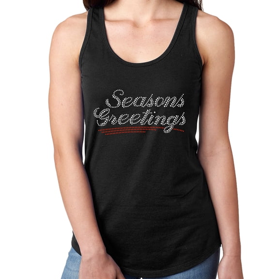 Womens T-Shirt Rhinestone Bling Black Tee Seasons Greetings Christmas Tank Racer Back Small