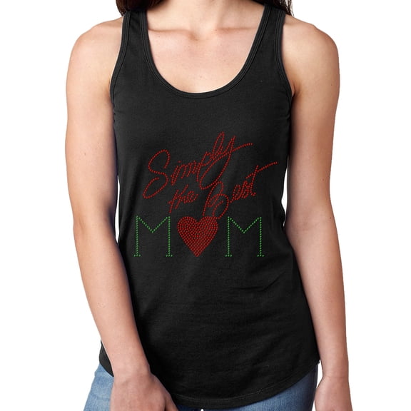 Womens T-Shirt Rhinestone Bling Black Tee Simpy the Best Mom Red Sparkle Tank Racer Back Large