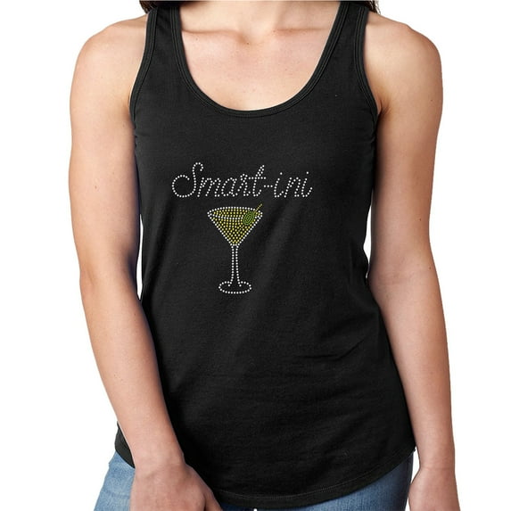 Womens T-Shirt Rhinestone Bling Black Tee Smartini Smart Martini Glass Tank Racer Back Large