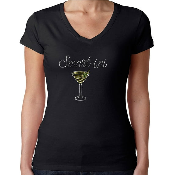Womens T-Shirt Rhinestone Bling Black Tee Smartini Smart Martini Glass V-Neck Large