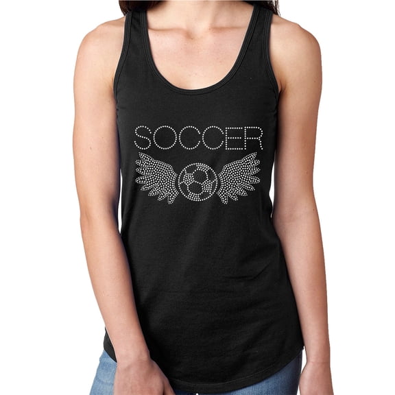 Womens T-Shirt Rhinestone Bling Black Tee Soccer Angel Wings Tank Racer Back Large