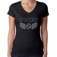 thumbnail image 1 of Womens T-Shirt Rhinestone Bling Black Tee Soccer Angel Wings V-Neck Large, 1 of 2
