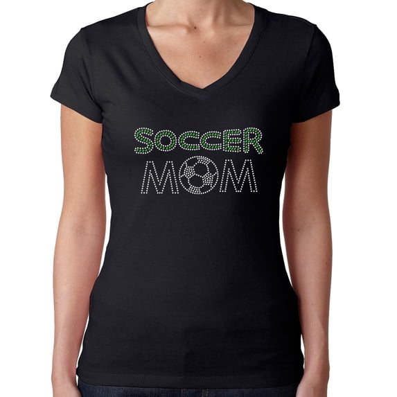 Womens T-Shirt Rhinestone Bling Black Tee Soccer Mom Ball Sports V-Neck XX-Large