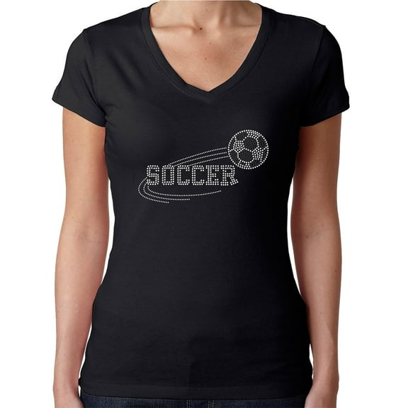 Womens T-Shirt Rhinestone Bling Black Tee Soccer Sports Ball White V-Neck Large