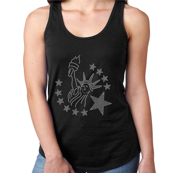 Womens T-Shirt Rhinestone Bling Black Tee Statue of Liberty Sparkle Tank Racer Back Small
