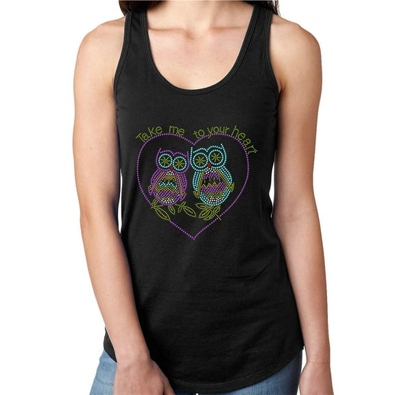 Womens T-Shirt Rhinestone Bling Black Tee Take me to your heart Owls Love Tank Racer Back Medium