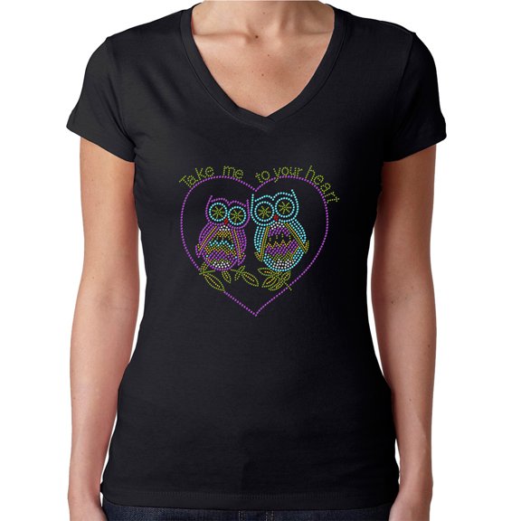 Womens T-Shirt Rhinestone Bling Black Tee Take me to your heart Owls Love V-Neck Small