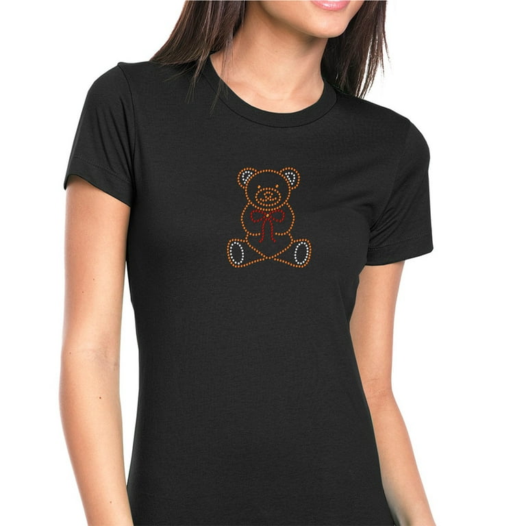 Womens T-Shirt Rhinestone Bling Black Tee Teddy Bear Sparkle Crew