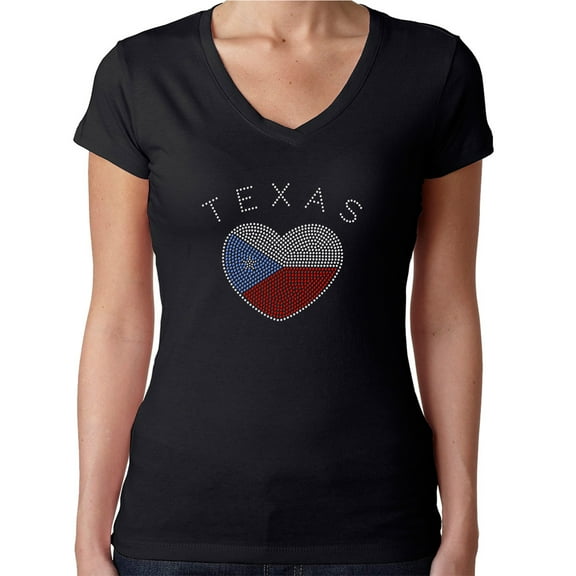 Womens T-Shirt Rhinestone Bling Black Tee Texas Flag Love Heart V-Neck Medium