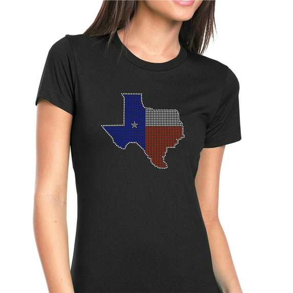 Womens T-Shirt Rhinestone Bling Black Tee Texas Flag Map Crew Neck X-Large