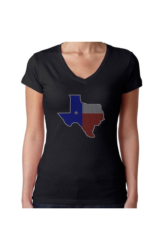 Womens T-Shirt Rhinestone Bling Black Tee Texas Flag Map V-Neck Large