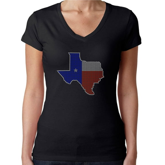 Womens T-Shirt Rhinestone Bling Black Tee Texas Flag Map V-Neck XX-Large