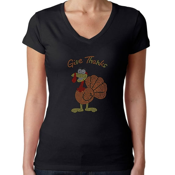 Womens T-Shirt Rhinestone Bling Black Tee Thanksgiving Give Thanks Turkey V-Neck Large