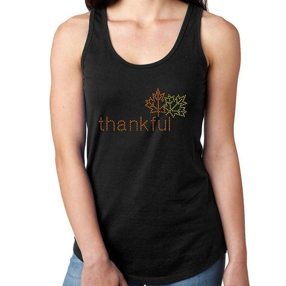 Womens T-Shirt Rhinestone Bling Black Tee Thanksgiving Thankful Autumn Tank Racer Back XX-Large