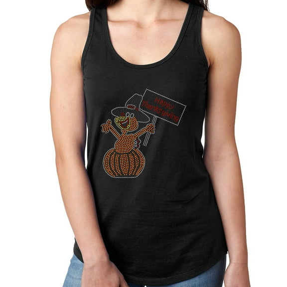 Womens T-Shirt Rhinestone Bling Black Tee Thanksgiving Turkey Pumpkin Tank Racer Back Large