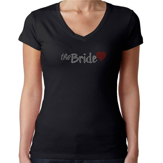 Womens T-Shirt Rhinestone Bling Black Tee The Bride Red Heart Sparkle V-Neck XX-Large