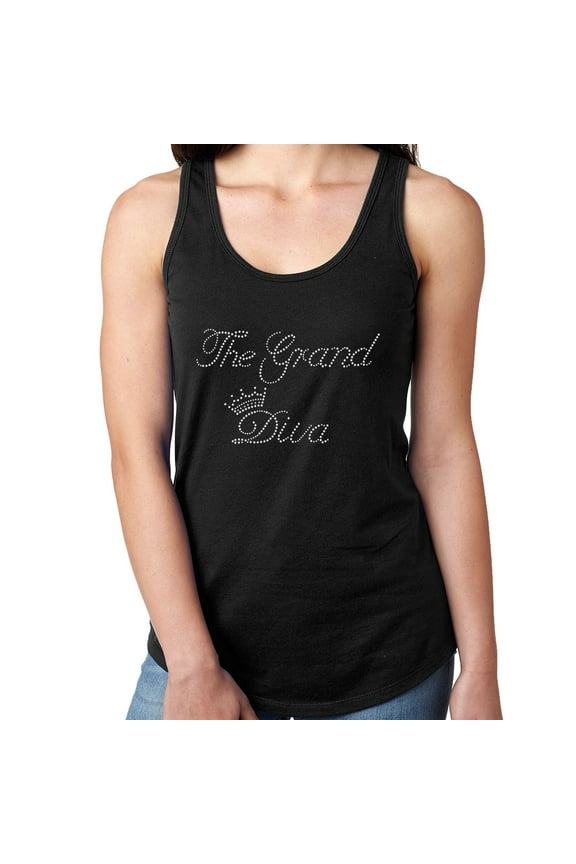 Womens T-Shirt Rhinestone Bling Black Tee The Grand Diva Crown Crystal Tank Racer Back X-Large