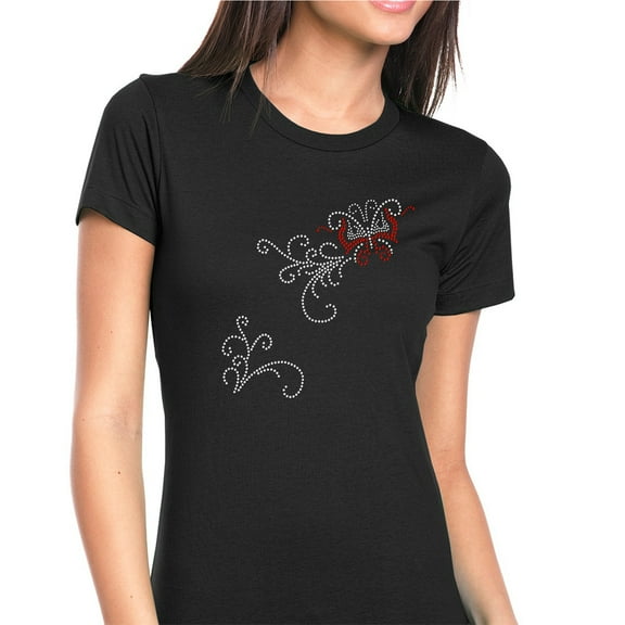 Womens T-Shirt Rhinestone Bling Black Tee Tribal Sparkle Butterfly Crew Neck Medium