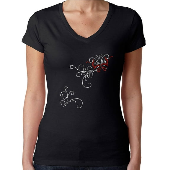 Womens T-Shirt Rhinestone Bling Black Tee Tribal Sparkle Butterfly V-Neck X-Large
