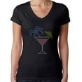 thumbnail image 1 of Womens T-Shirt Rhinestone Bling Black Tee Tropic Caribbean Drink Glass V-Neck Medium, 1 of 2