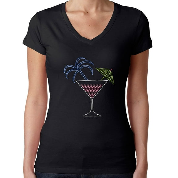Womens T-Shirt Rhinestone Bling Black Tee Tropic Caribbean Drink Glass V-Neck Medium