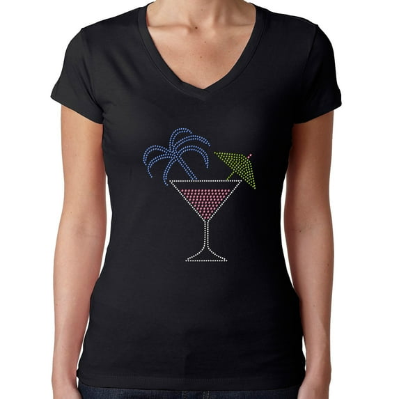 Womens T-Shirt Rhinestone Bling Black Tee Tropic Caribbean Drink Glass V-Neck Medium