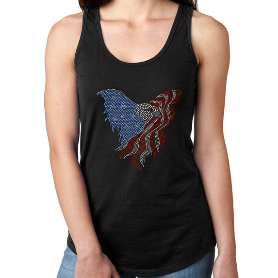 Womens T-Shirt Rhinestone Bling Black Tee USA Eagle American Flag Tank Racer Back Large