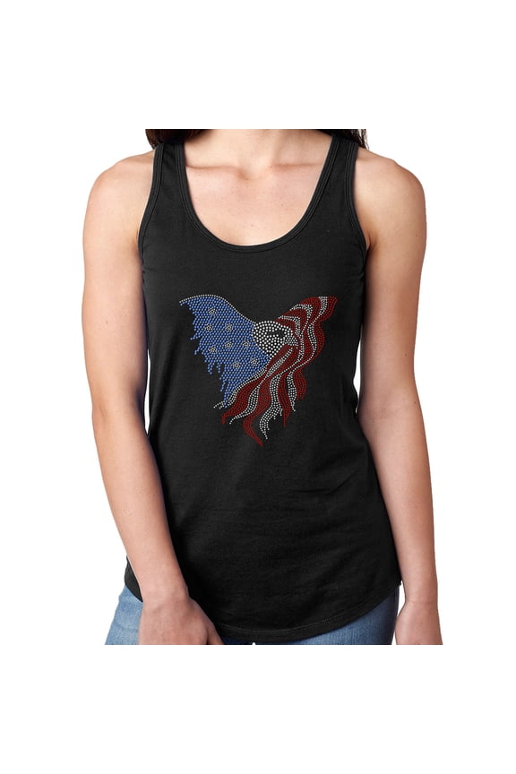 Womens T-Shirt Rhinestone Bling Black Tee USA Eagle American Flag Tank Racer Back Large