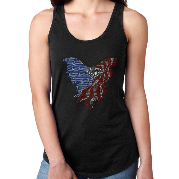 Womens T-Shirt Rhinestone Bling Black Tee USA Eagle American Flag Tank Racer Back Small