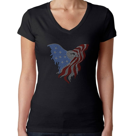 Womens T-Shirt Rhinestone Bling Black Tee USA Eagle American Flag V-Neck Medium