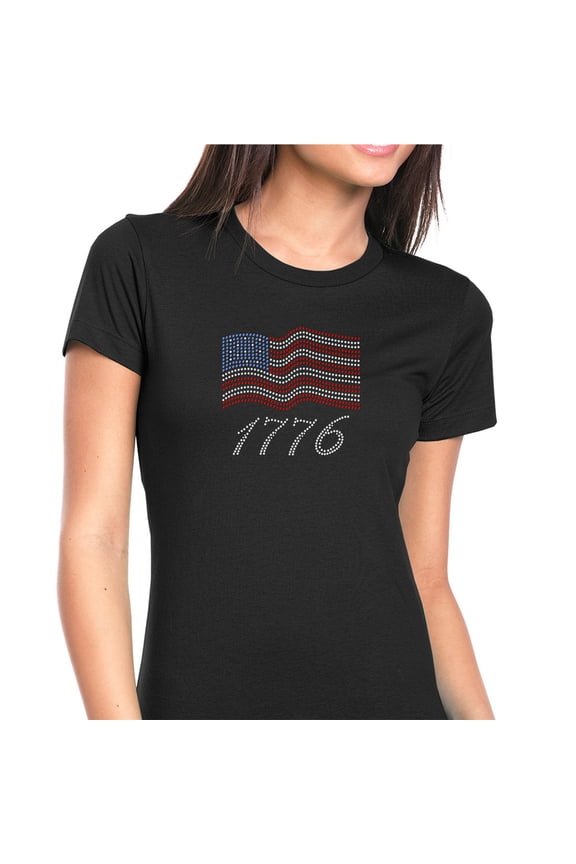 Womens T-Shirt Rhinestone Bling Black Tee USA Flag 4th of July 1776 Crew Neck Large