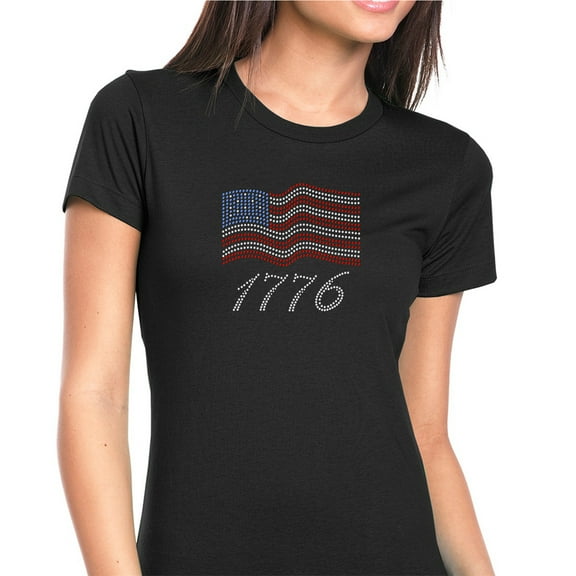Womens T-Shirt Rhinestone Bling Black Tee USA Flag 4th of July 1776 Crew Neck Small