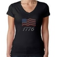thumbnail image 1 of Womens T-Shirt Rhinestone Bling Black Tee USA Flag 4th of July 1776 V-Neck Medium, 1 of 2