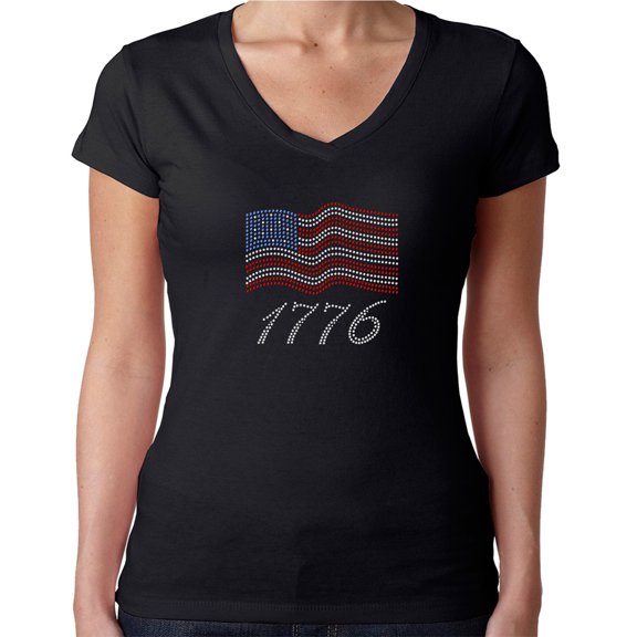 Womens T-Shirt Rhinestone Bling Black Tee USA Flag 4th of July 1776 V-Neck Small