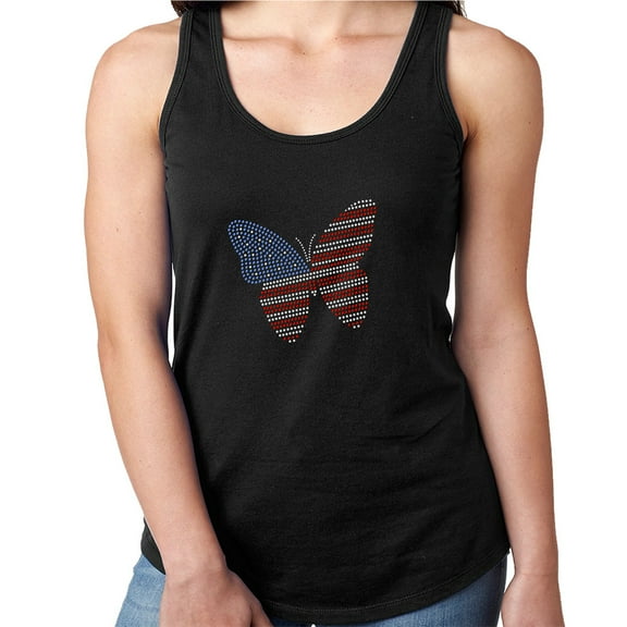 Womens T-Shirt Rhinestone Bling Black Tee USA Flag Butterfly Sparkle Tank Racer Back Small