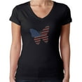 thumbnail image 1 of Womens T-Shirt Rhinestone Bling Black Tee USA Flag Butterfly Sparkle V-Neck X-Large, 1 of 2