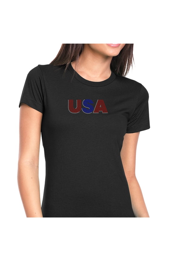 Womens T-Shirt Rhinestone Bling Black Tee USA Red White Blue Sparkle Crew Neck Large