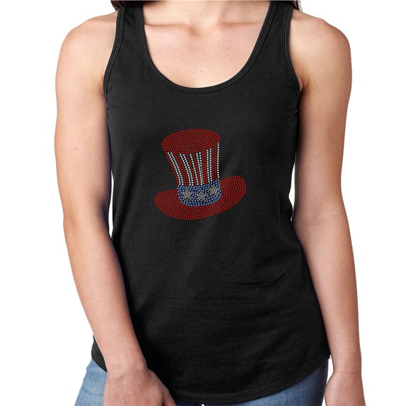 Womens T-Shirt Rhinestone Bling Black Tee USA Stovepipe Hat Flag Colors Tank Racer Back Large