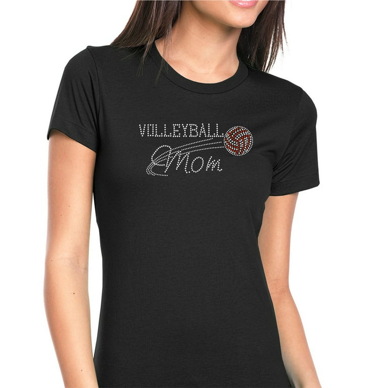 Womens T-Shirt Rhinestone Bling Black Tee Volleyball Mom Red White Crew  Neck Small